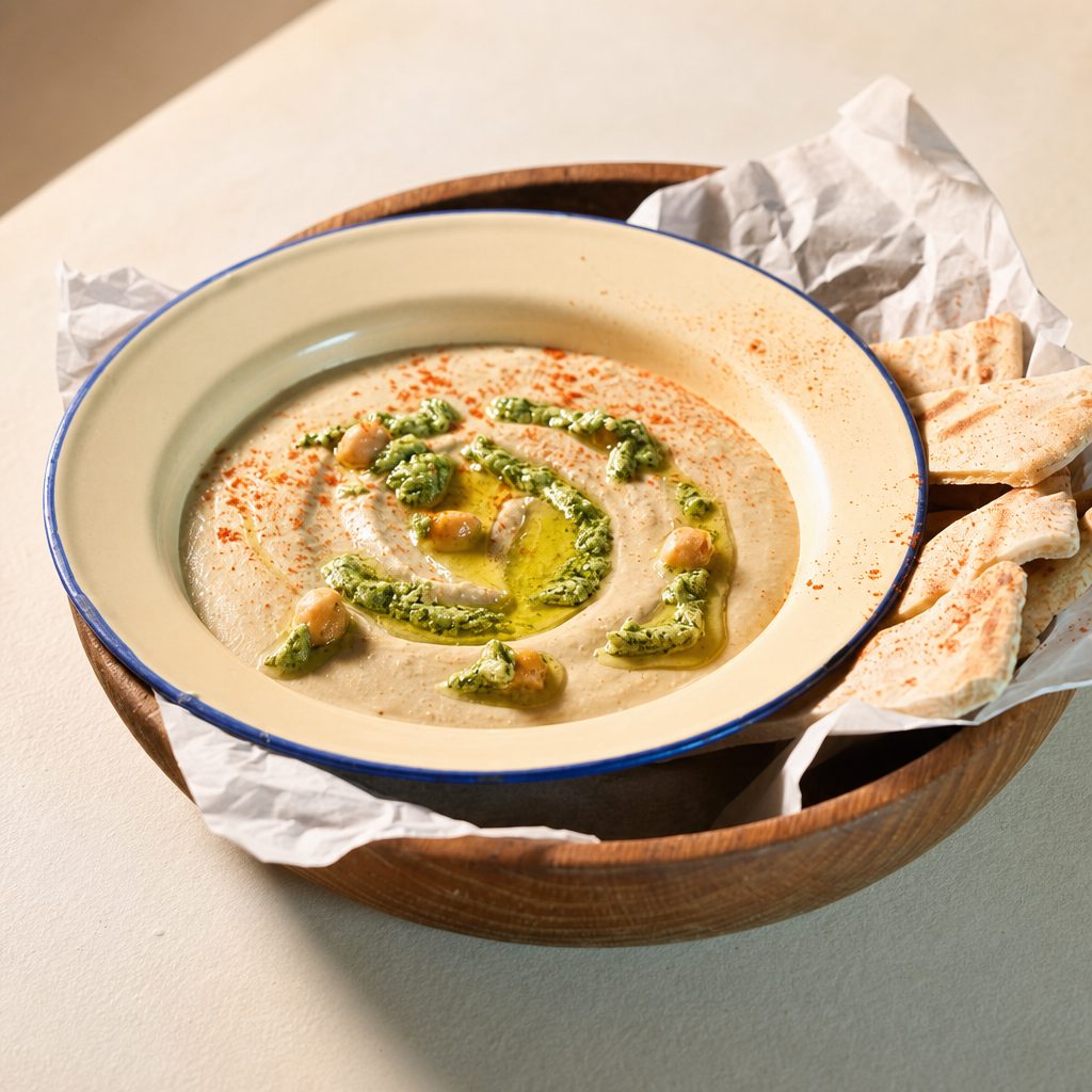 Baba Ghanoush Hummus & Two Pita Platter (V).